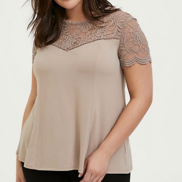 torrid Tops - Torrid Women's Taupe Studio Knit & Lace Top